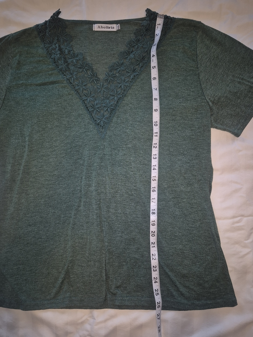 Abolirla Teal Green Short-Sleeve Knit Top with Floral Lace V-Neck